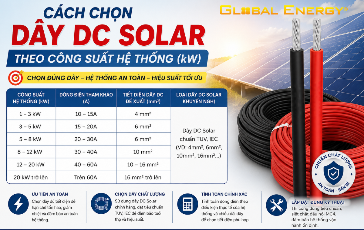 Cách chọn dây DC solar theo công suất hệ thống (kW)